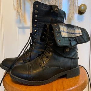 Faux leather combat/moto boot with plaid lining